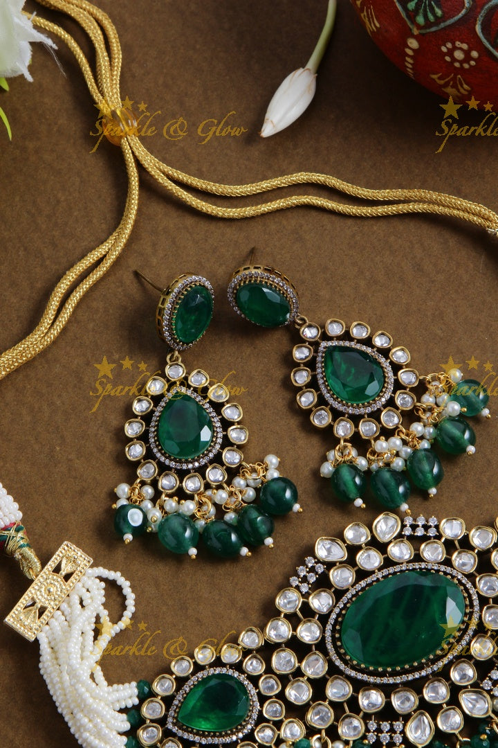 Beautiful Victorian AD choker with multi layer pearl chain green stones and green beads