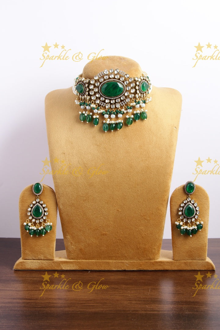 Beautiful Victorian AD choker with multi layer pearl chain green stones and green beads