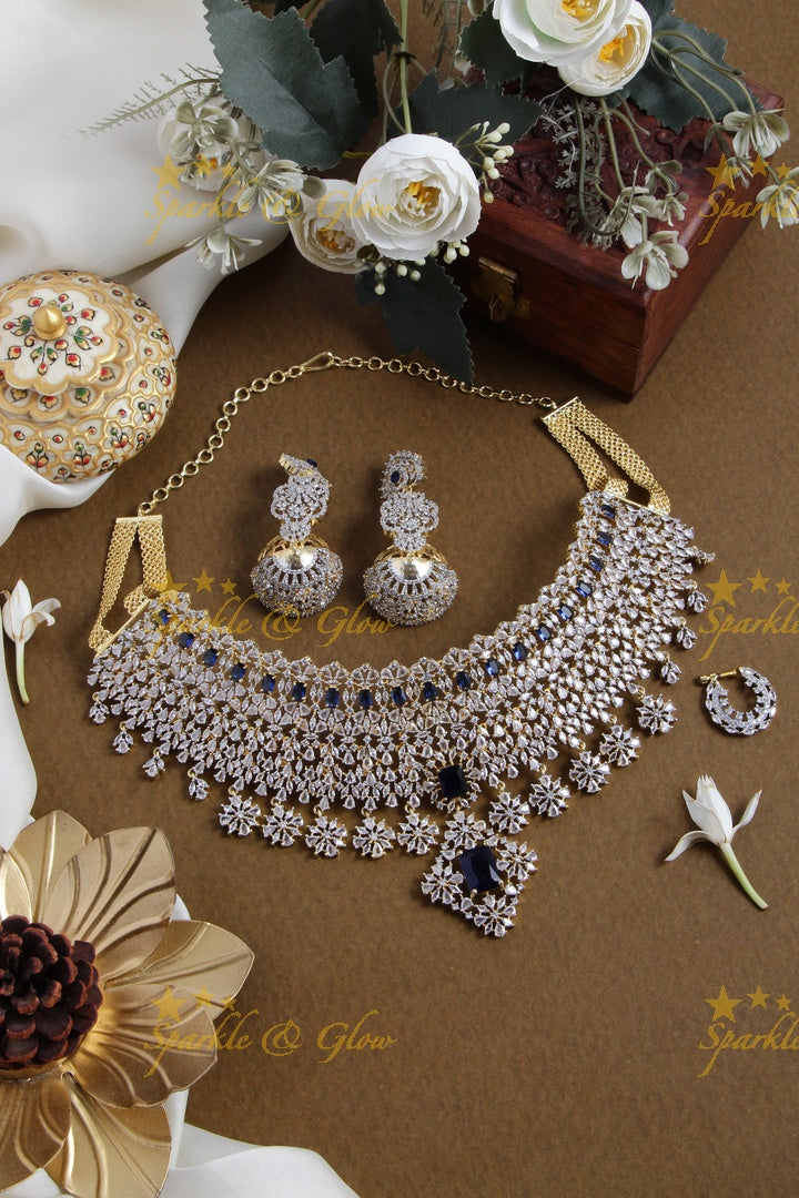 Sparkling bridal american diamond short necklace with ruby and nosepin - red