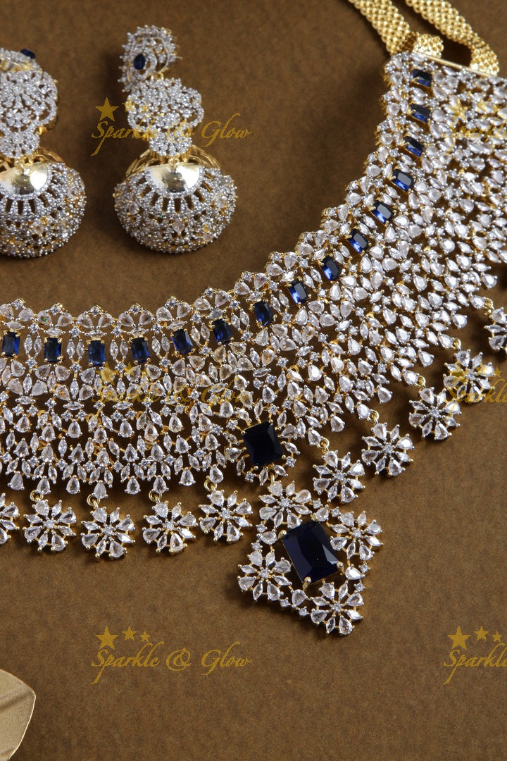 Sparkling bridal american diamond short necklace with blue stones and nosepin - blue