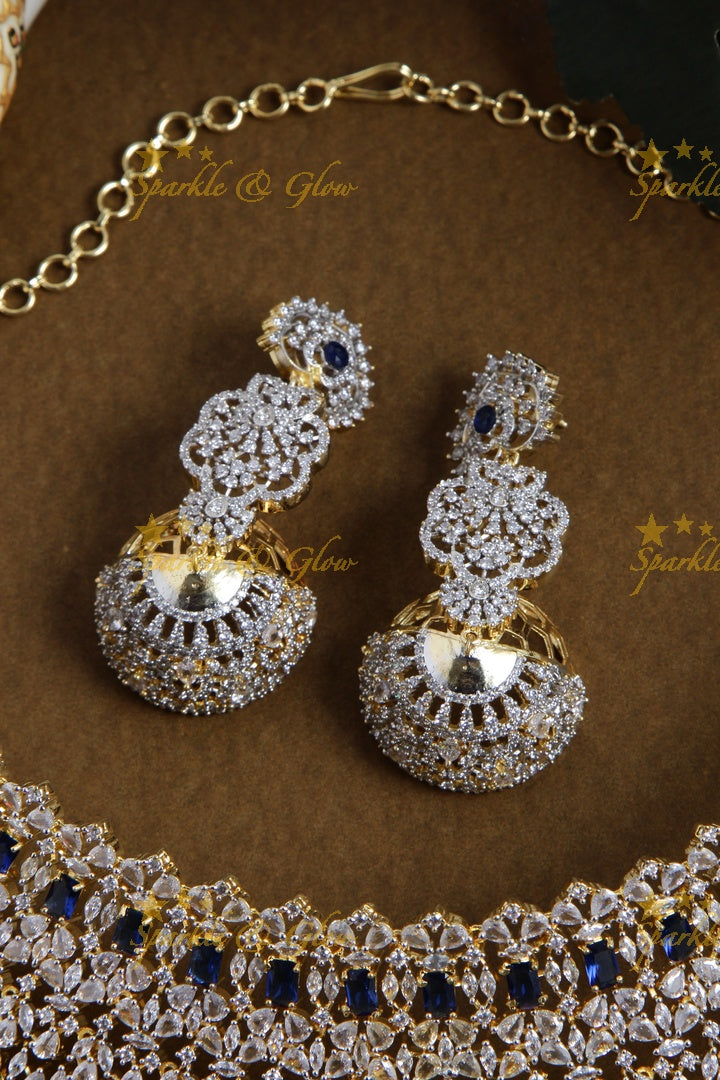 Sparkling bridal american diamond short necklace with blue stones and nosepin - blue
