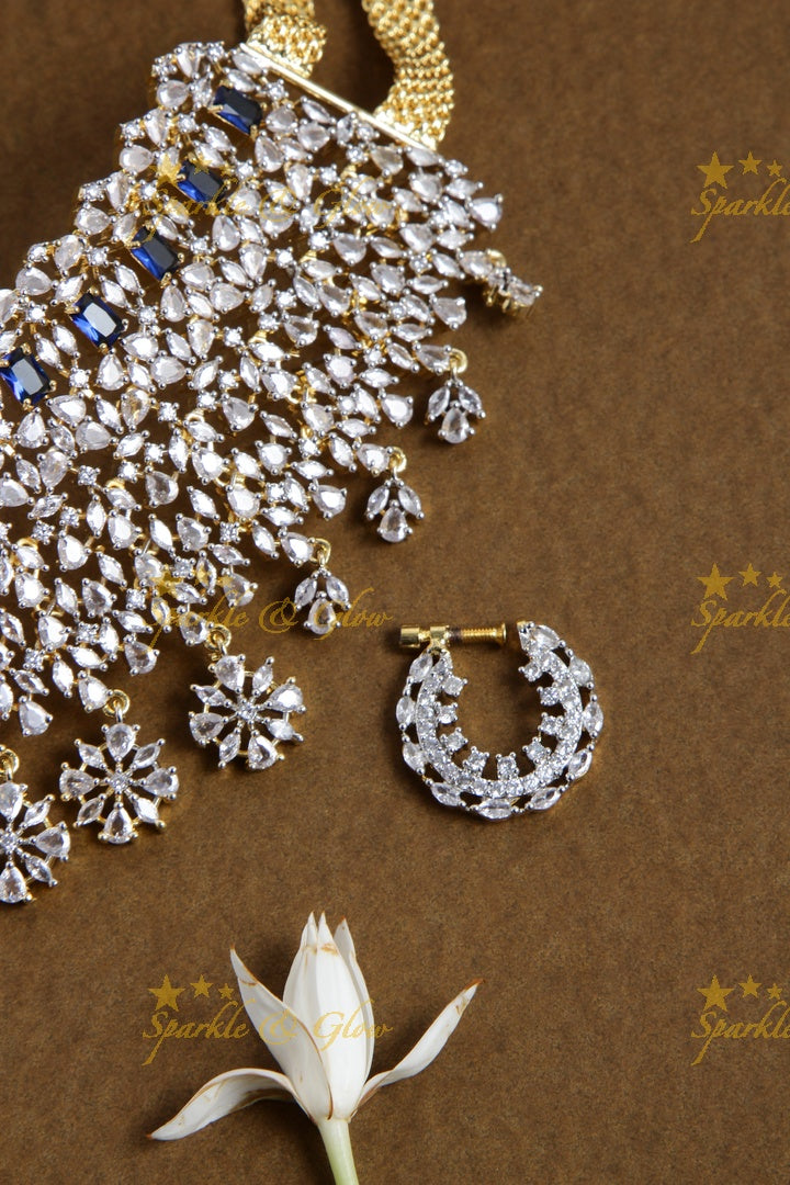 Sparkling bridal american diamond short necklace with blue stones and nosepin - blue