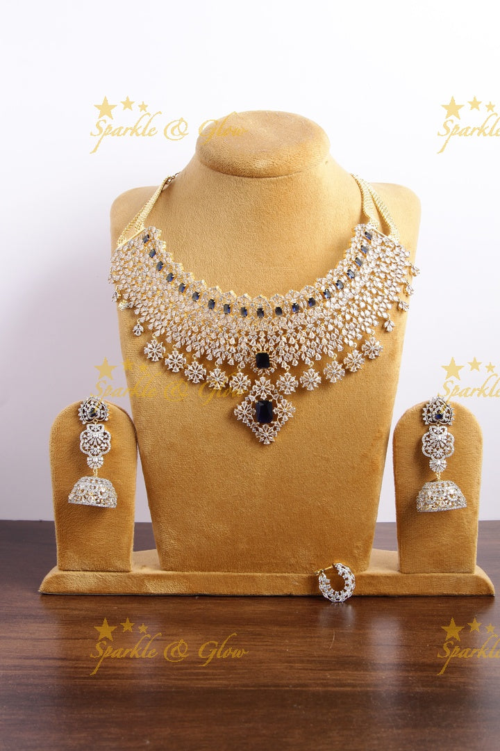 Sparkling bridal american diamond short necklace with blue stones and nosepin - blue