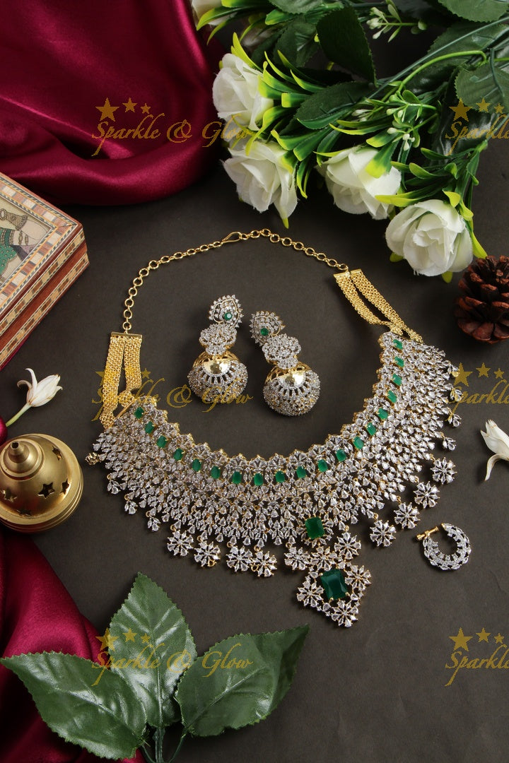 Sparkling bridal american diamond short necklace with emeralds and nosepin - green