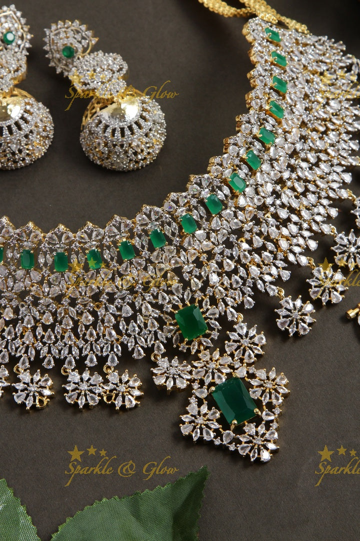 Sparkling bridal american diamond short necklace with emeralds and nosepin - green