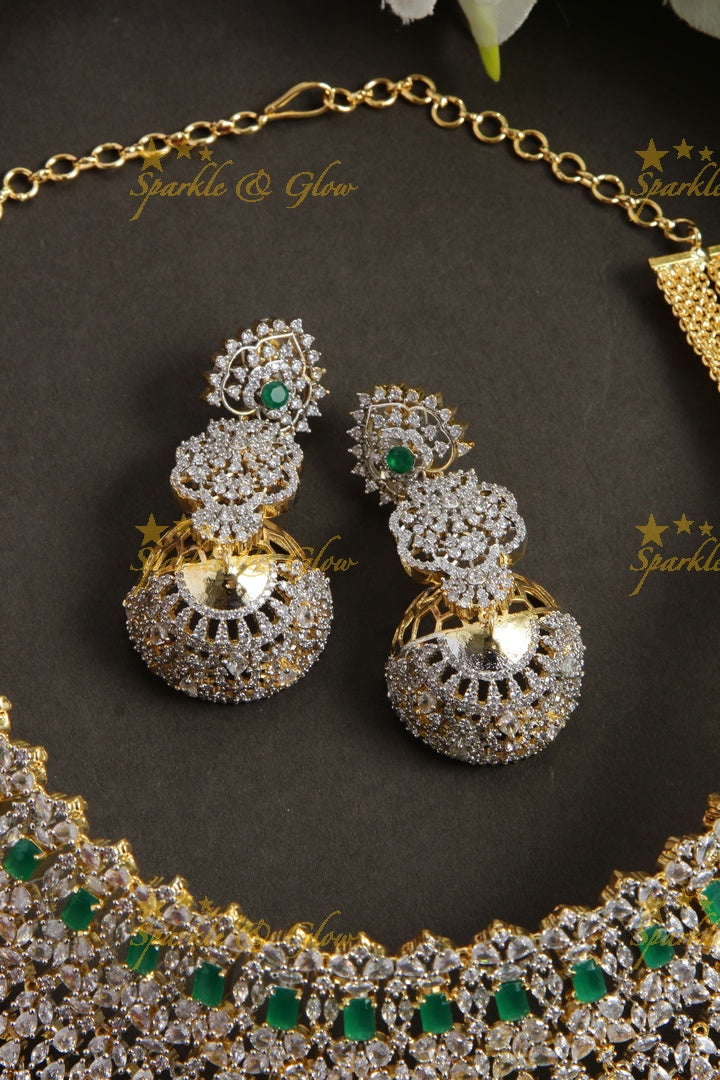 Sparkling bridal american diamond short necklace with emeralds and nosepin - green