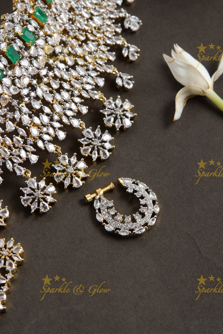 Sparkling bridal american diamond short necklace with emeralds and nosepin - green