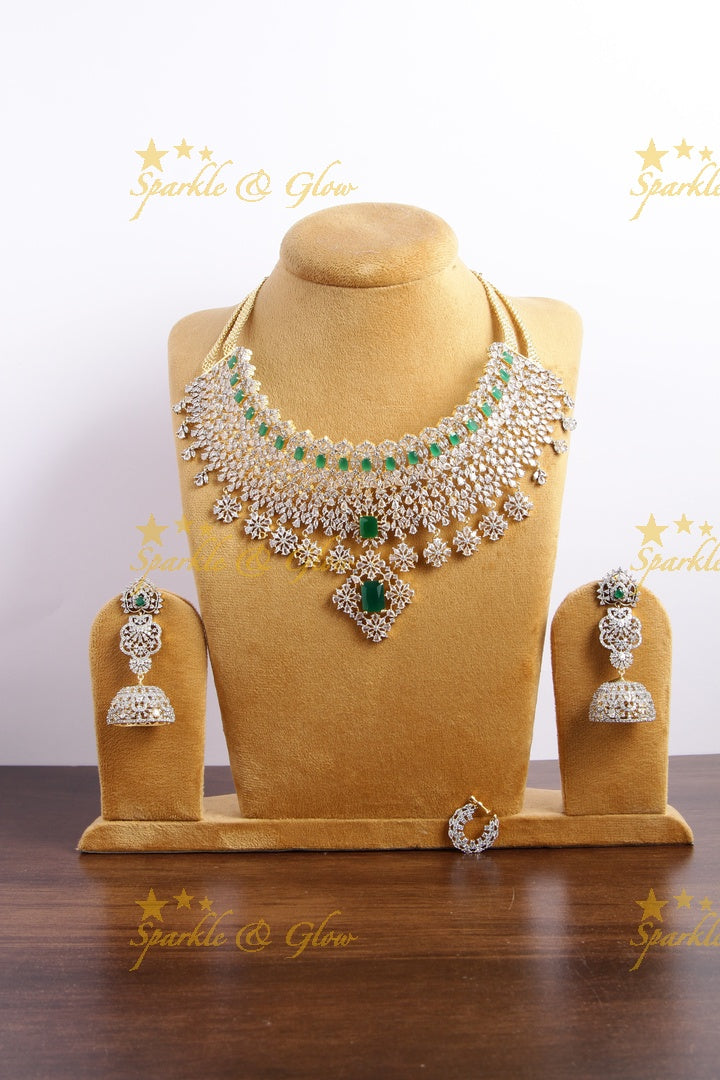 Sparkling bridal american diamond short necklace with emeralds and nosepin - green