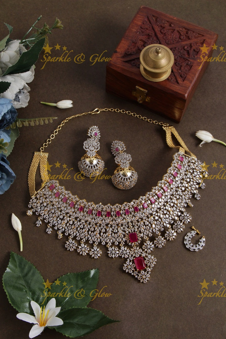 Sparkling bridal american diamond short necklace with ruby and nosepin - red