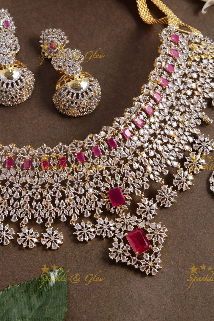 Sparkling bridal american diamond short necklace with ruby and nosepin - red