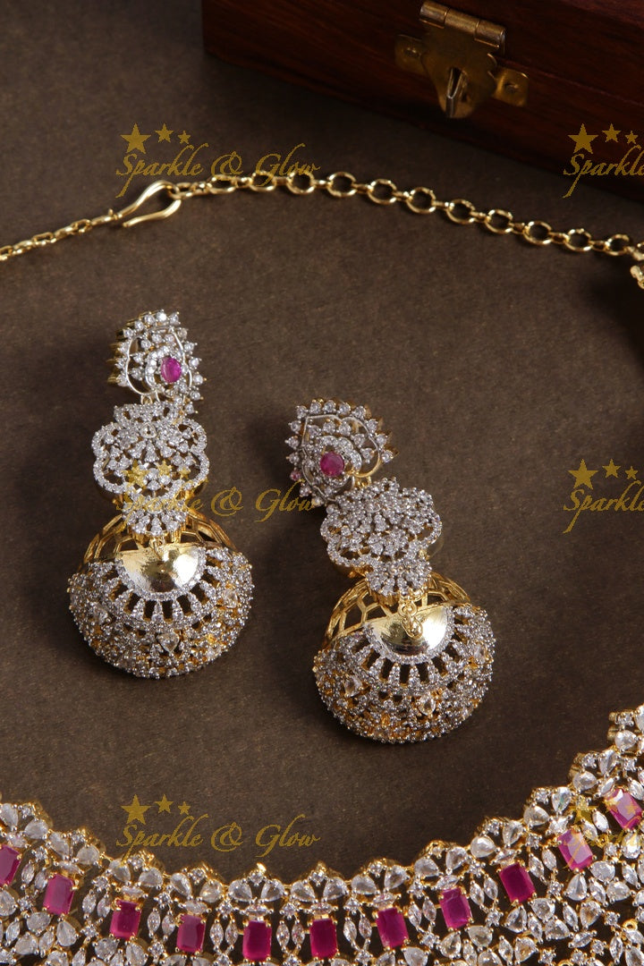 Sparkling bridal american diamond short necklace with ruby and nosepin - red