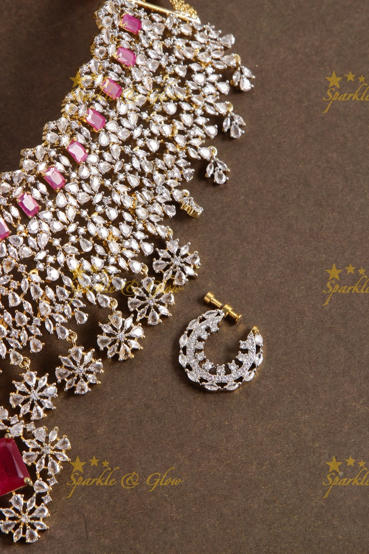 Sparkling bridal american diamond short necklace with ruby and nosepin - red