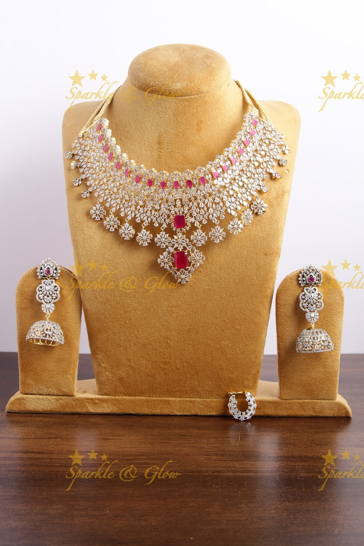 Sparkling bridal american diamond short necklace with ruby and nosepin - red