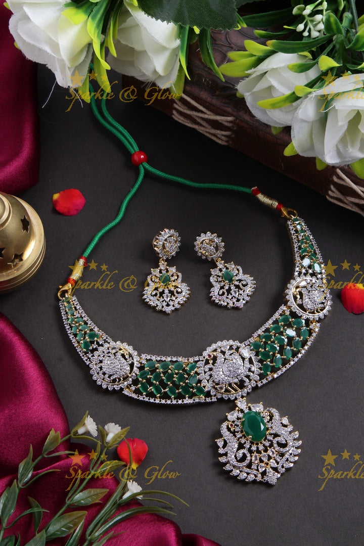 Statement peacock design american diamond short necklace with rubys - pink