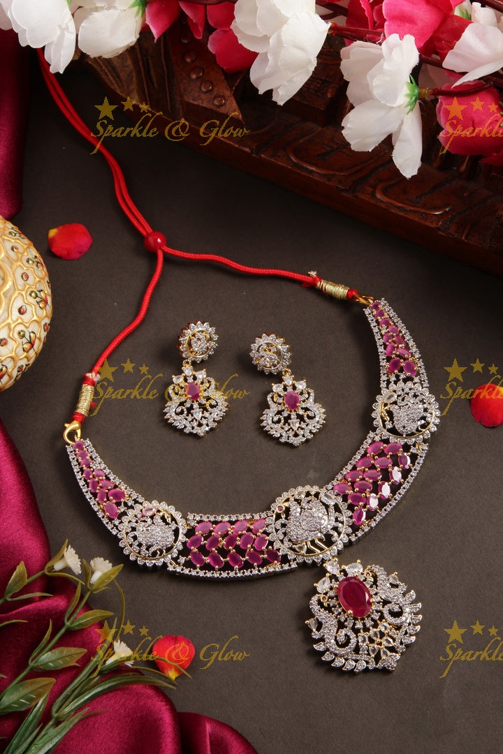 Statement peacock design american diamond short necklace with rubys - pink