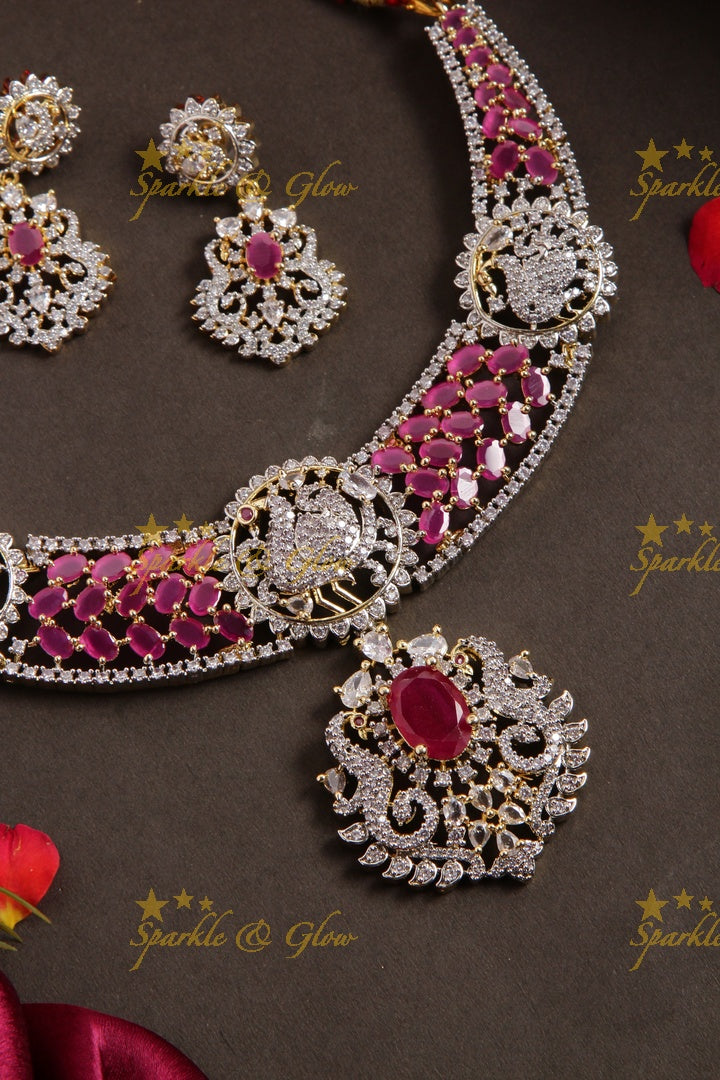 Statement peacock design american diamond short necklace with rubys - pink