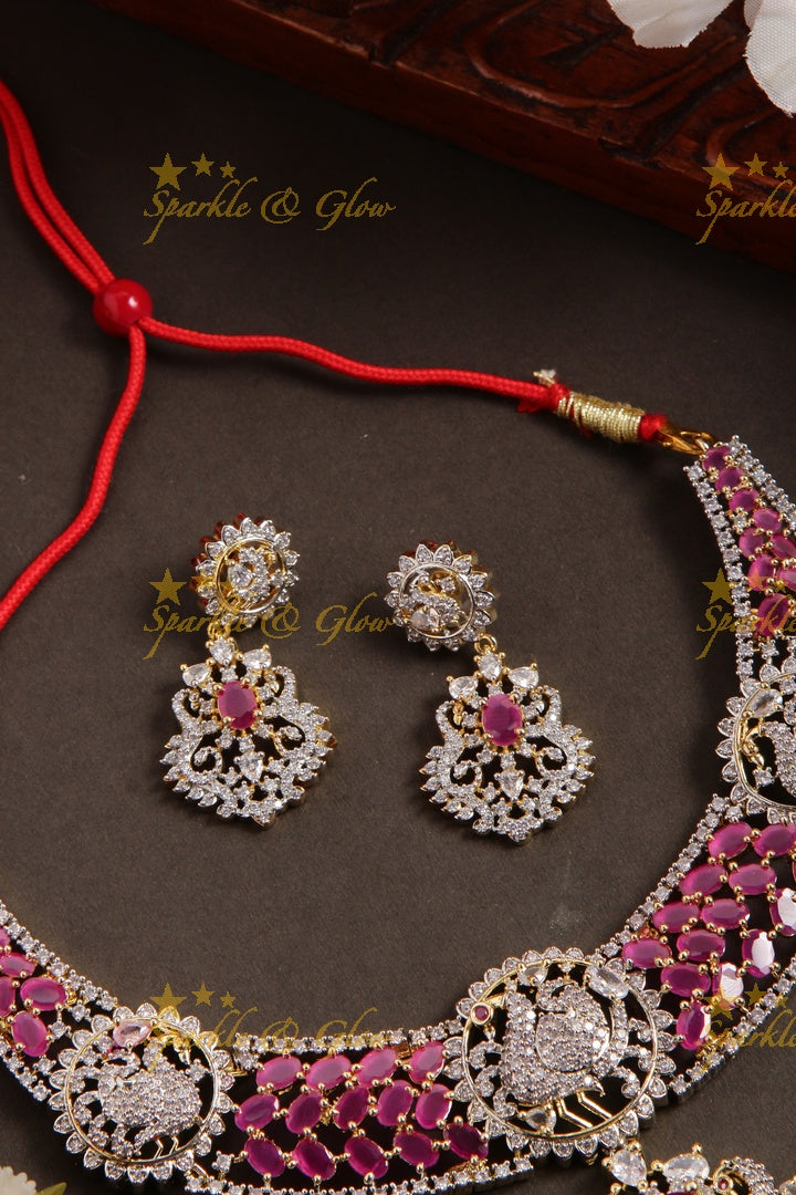 Statement peacock design american diamond short necklace with rubys - pink
