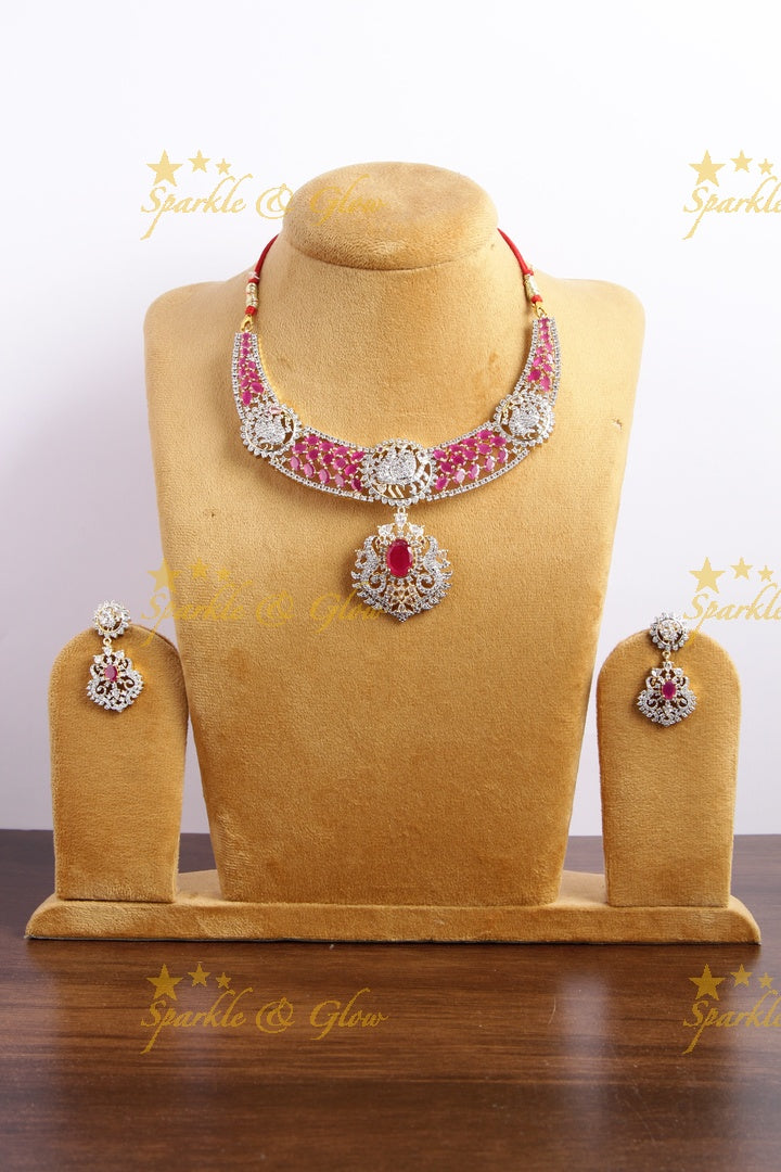 Statement peacock design american diamond short necklace with rubys - pink