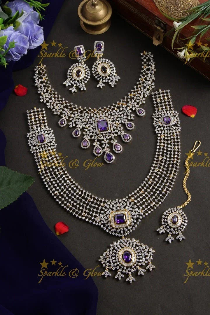 Gorgeous floral american diamond bridal set with emerald with mang tikka - green - Sparkle and Glow
