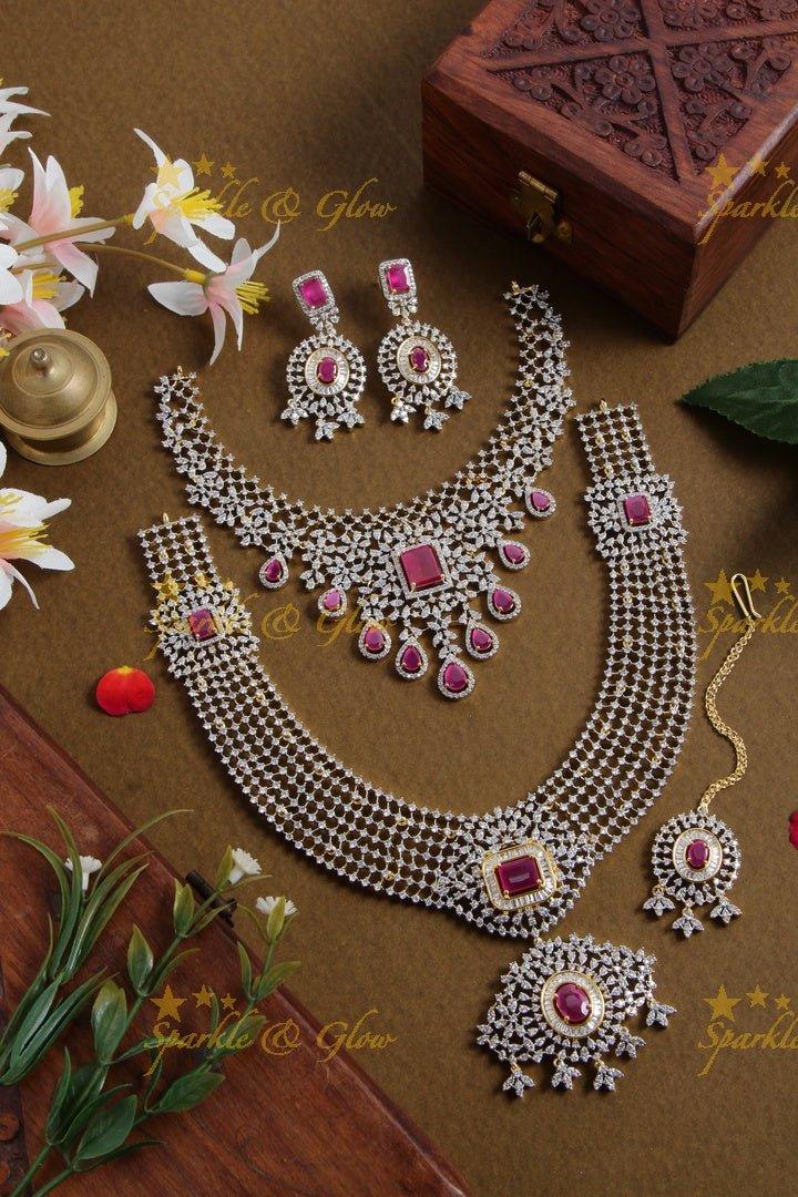 Gorgeous floral american diamond bridal set with emerald with mang tikka - green - Sparkle and Glow