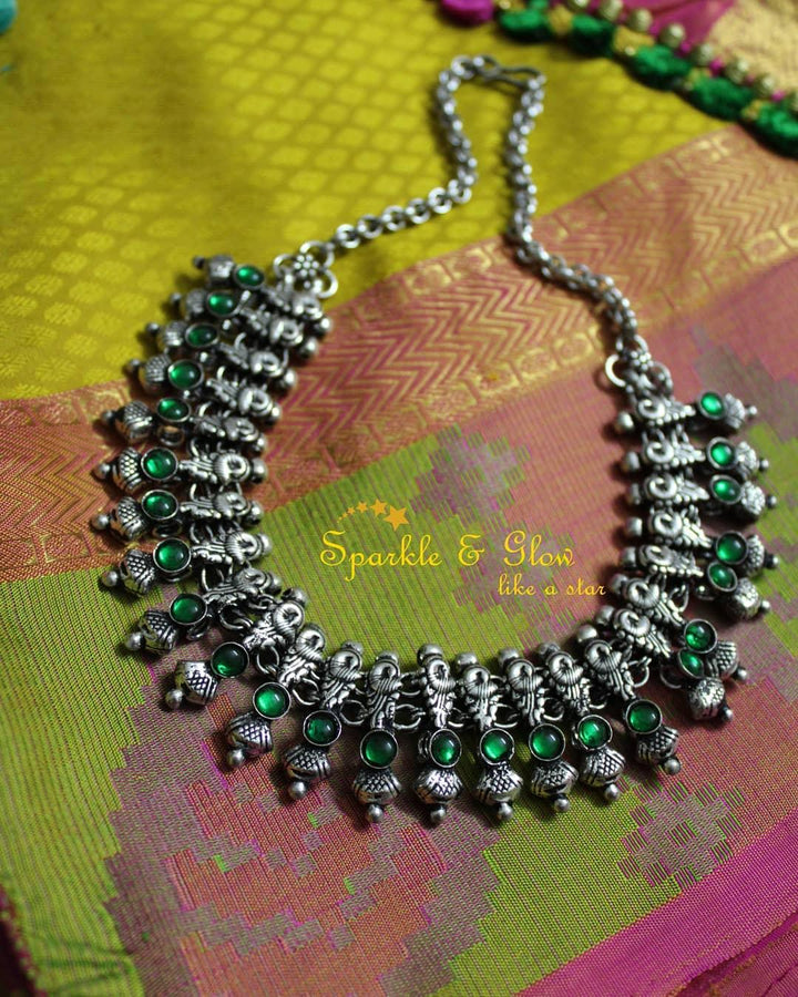 Peacock oxidised silver stone necklace - green - style1 - Sparkle and Glow