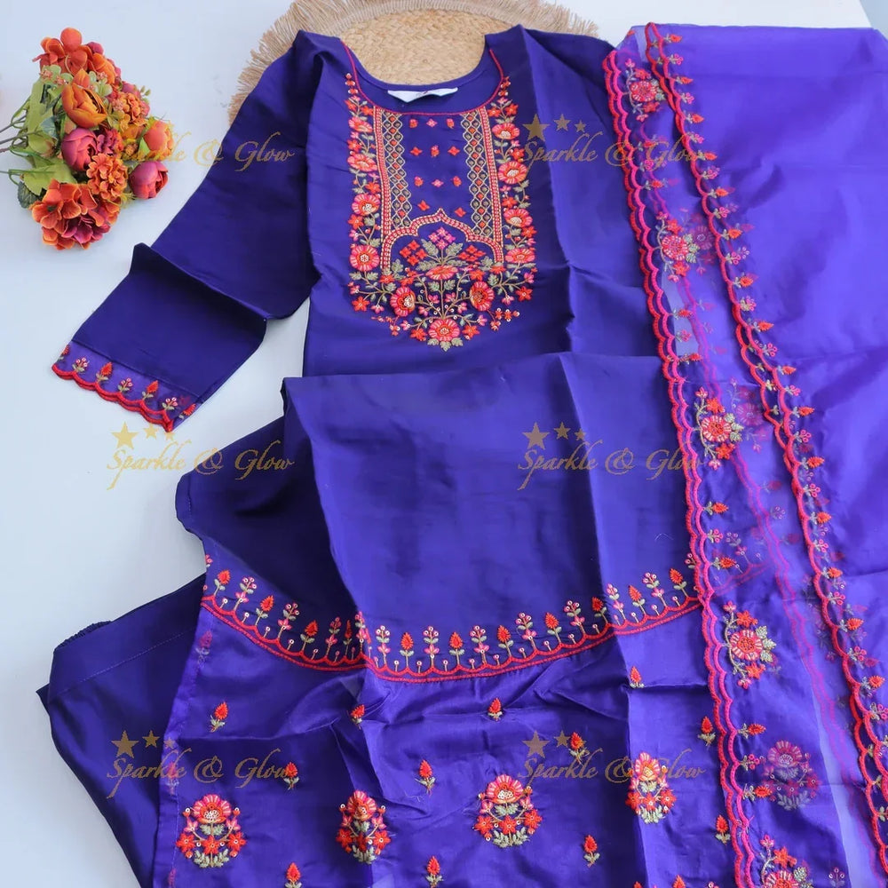 Beautiful Modal Silk Kurti pant with Organza Dupatta set- Purple - Sparkle and Glow