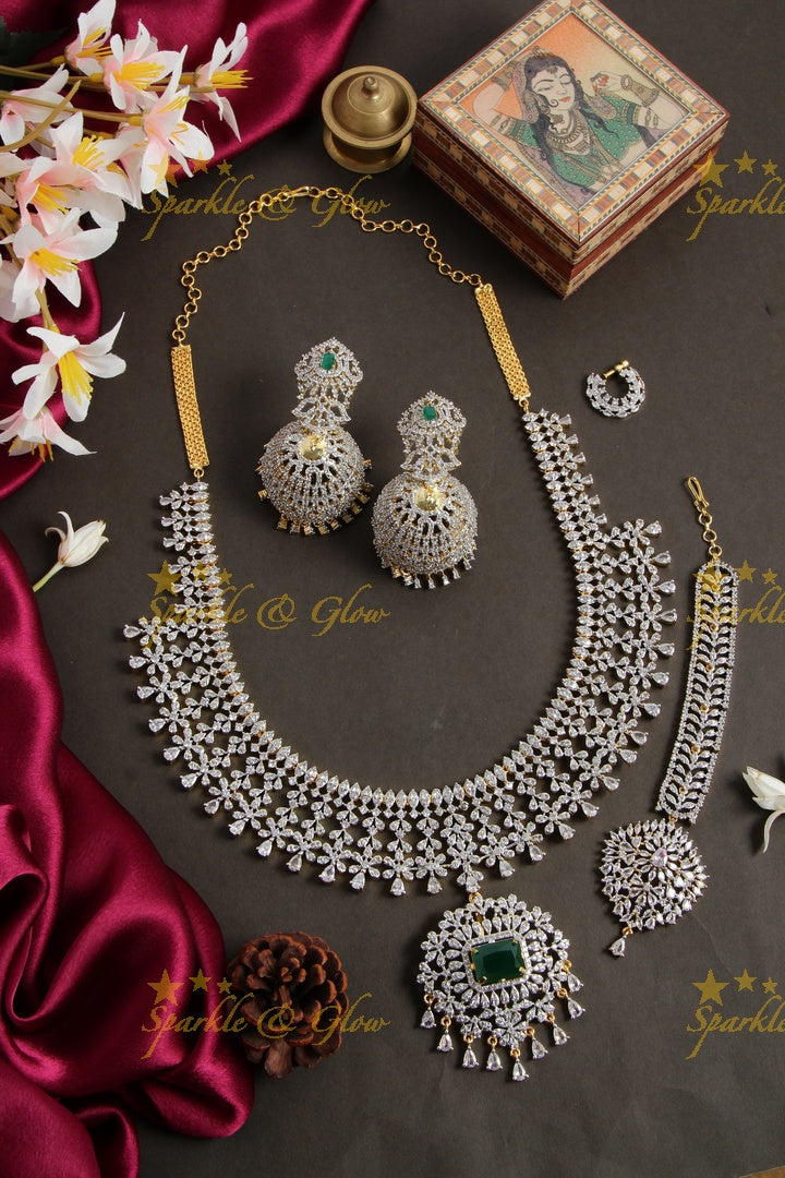 Beautiful floral spike design american diamond long necklace with nosepin and mang tikka - pink