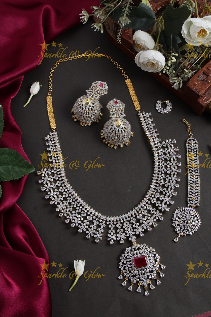 Beautiful floral spike design american diamond long necklace with nosepin and mang tikka - pink