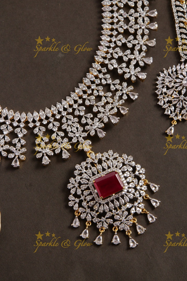 Beautiful floral spike design american diamond long necklace with nosepin and mang tikka - pink