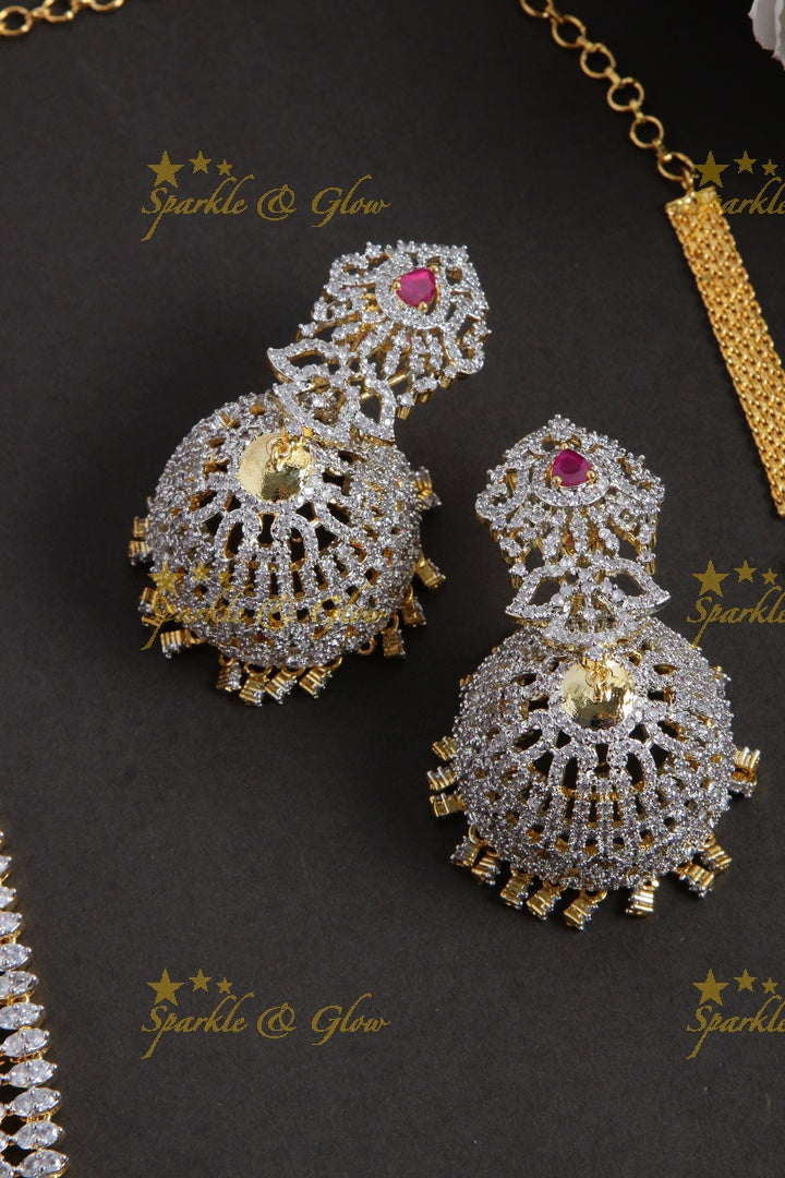 Beautiful floral spike design american diamond long necklace with nosepin and mang tikka - pink