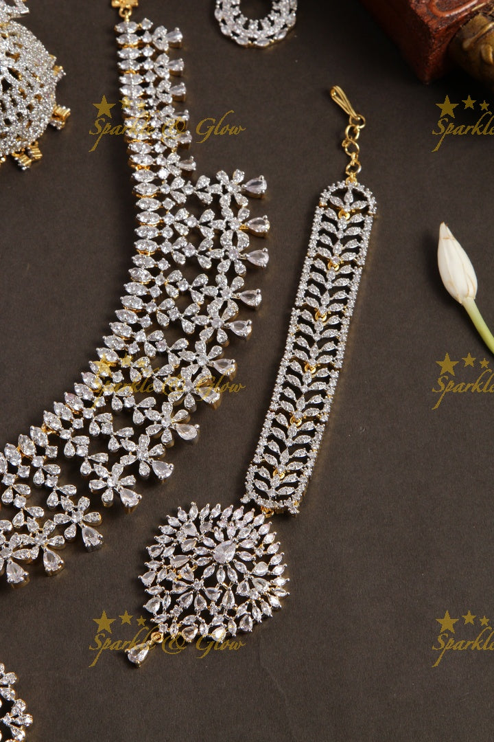 Beautiful floral spike design american diamond long necklace with nosepin and mang tikka - pink