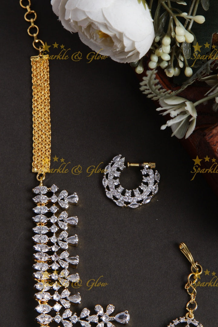 Beautiful floral spike design american diamond long necklace with nosepin and mang tikka - pink