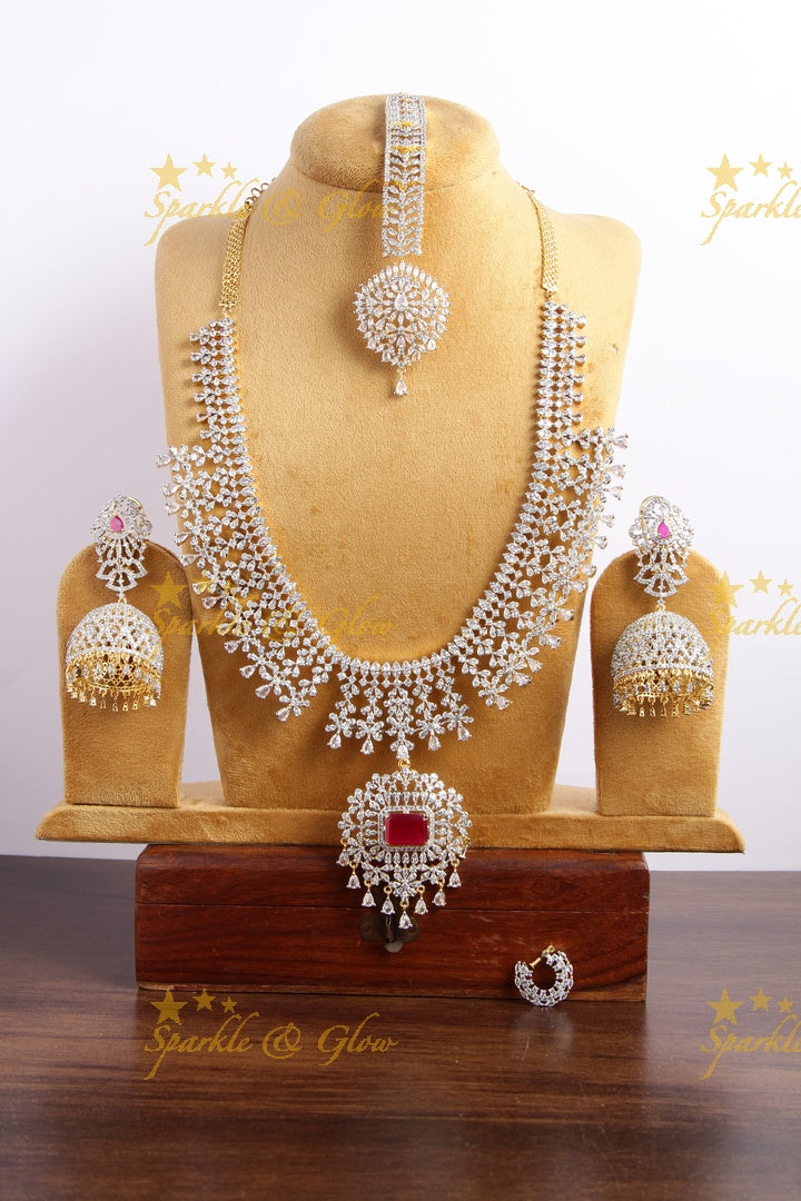 Beautiful floral spike design american diamond long necklace with nosepin and mang tikka - pink