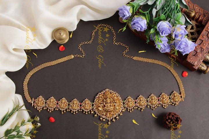 Glorious Lakshmi carved hipchain with cz stones