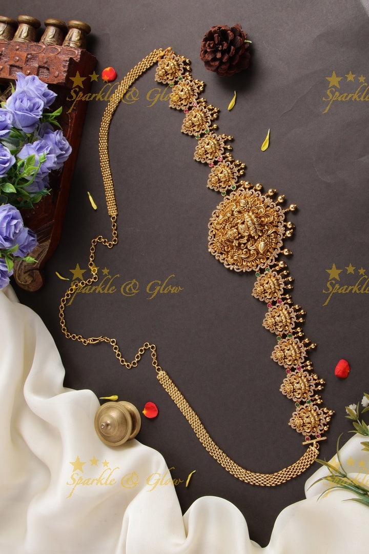 Glorious Lakshmi carved hipchain with cz stones