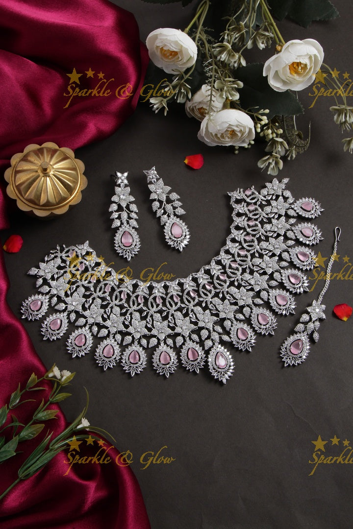 Glittering floral design American diamond bridal choker with mang tikka - purple stones