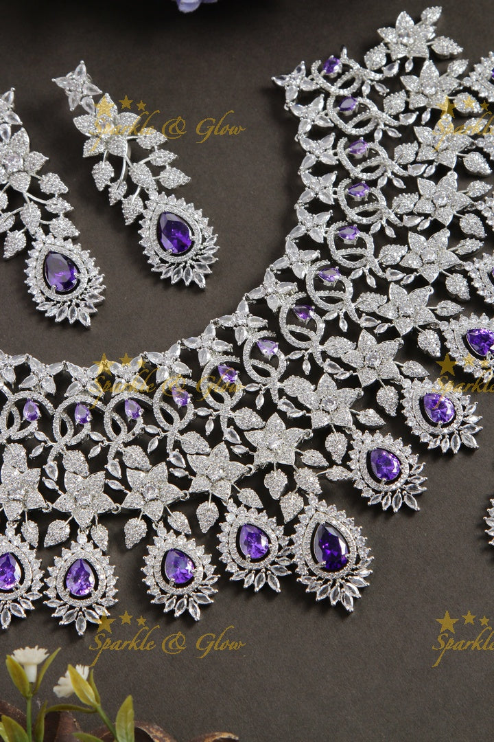 Glittering floral design American diamond bridal choker with mang tikka - purple stones