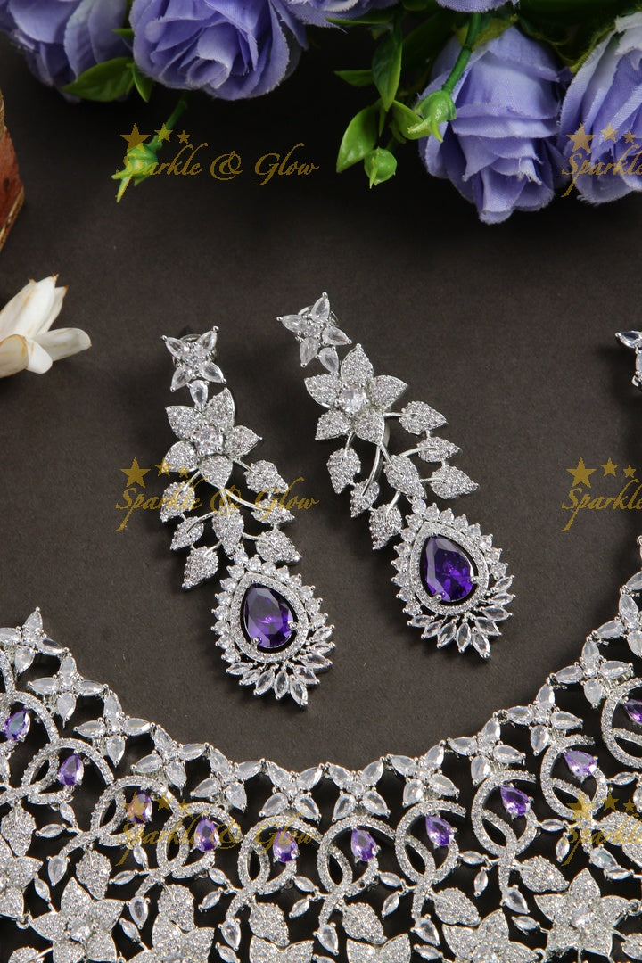 Glittering floral design American diamond bridal choker with mang tikka - purple stones