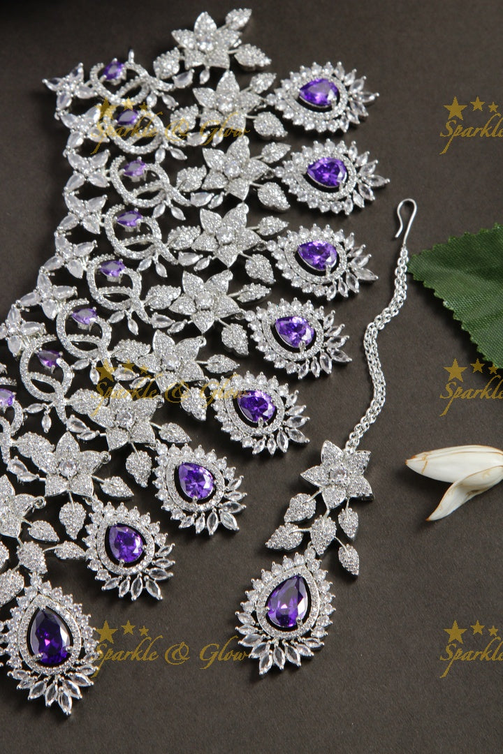 Glittering floral design American diamond bridal choker with mang tikka - purple stones