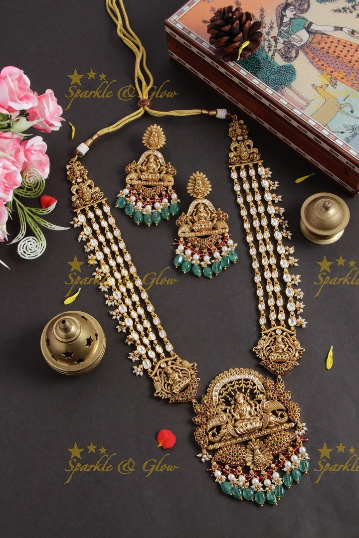 Exclusive Lakshmi peacock carved multi layer jadau chain long necklace with mint green beads