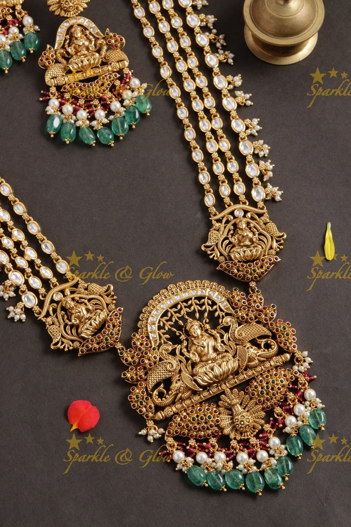 Exclusive Lakshmi peacock carved multi layer jadau chain long necklace with mint green beads