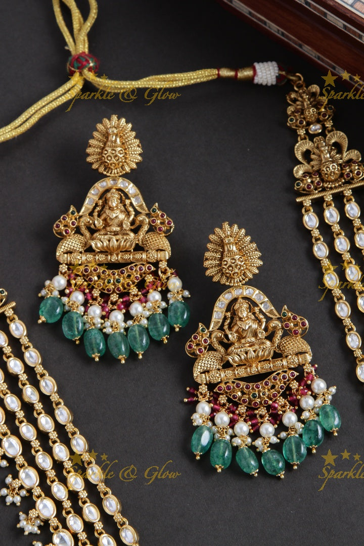 Exclusive Lakshmi peacock carved multi layer jadau chain long necklace with mint green beads