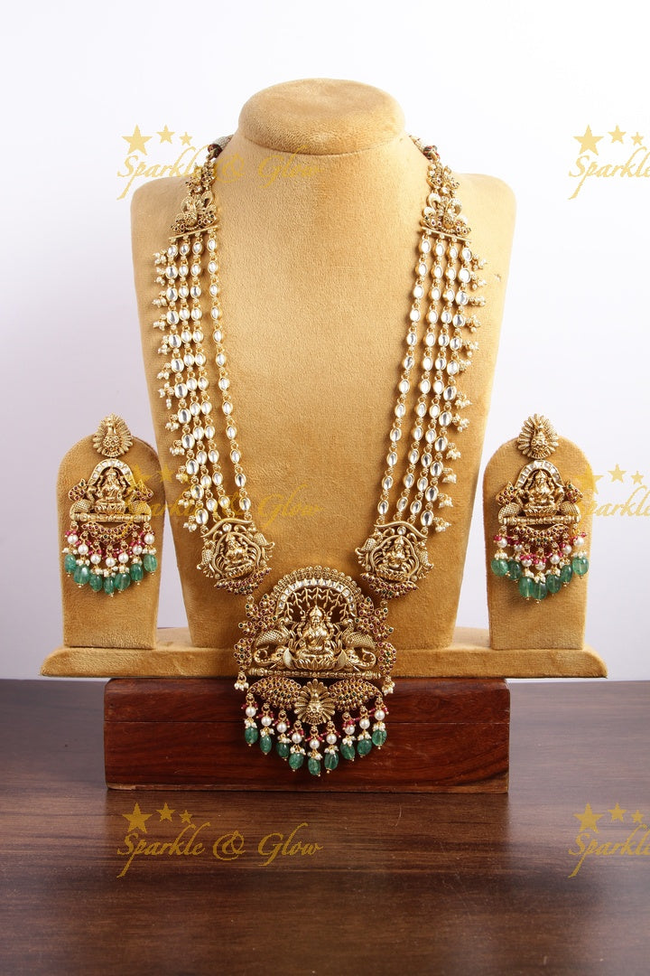 Exclusive Lakshmi peacock carved multi layer jadau chain long necklace with mint green beads