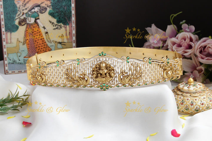 Gold alike polished Lakshmi peacock hipbelt with stones