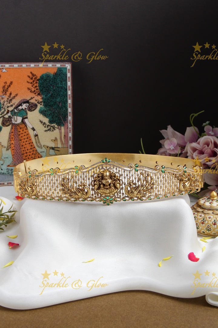 Gold alike polished Lakshmi peacock hipbelt with stones