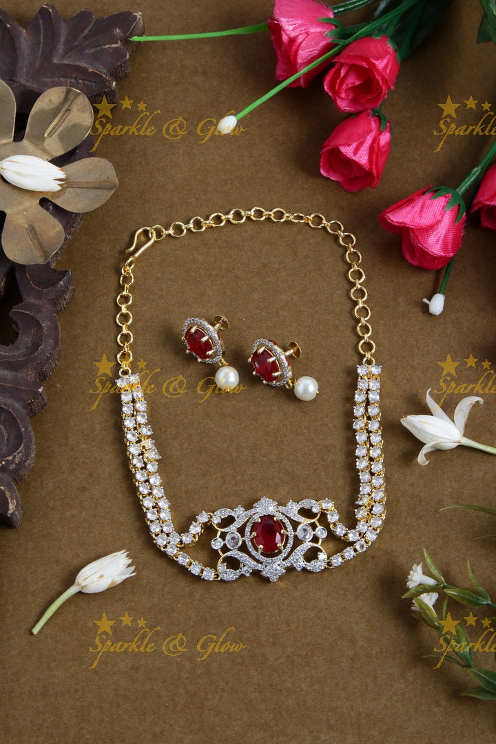 Sparkling layered floral design American diamond choker with emerald - green