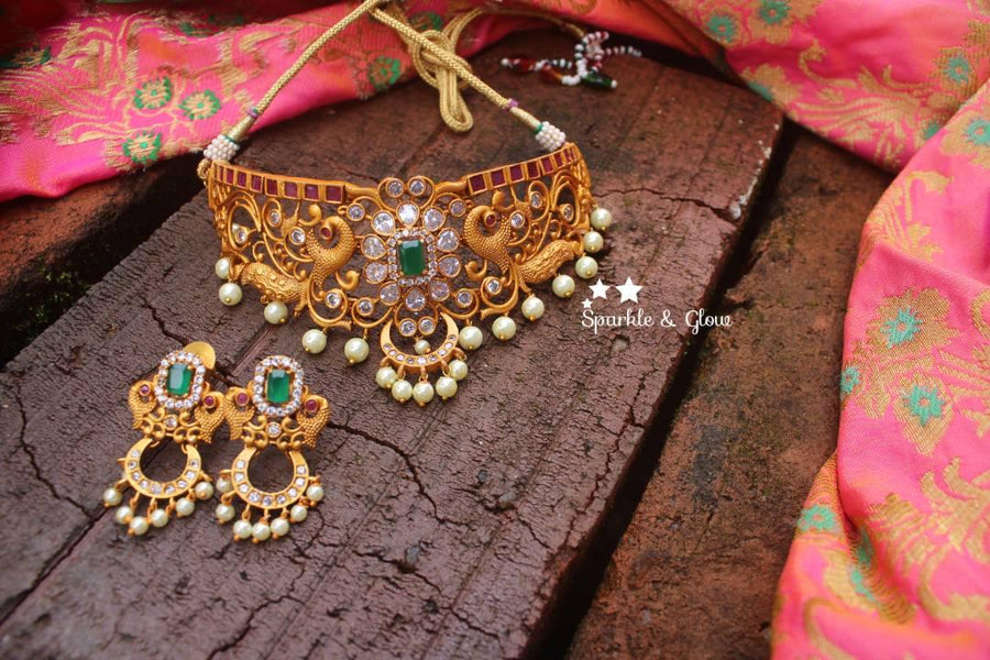 Peacock style premium quality matte choker with CZ stones - Sparkle and Glow