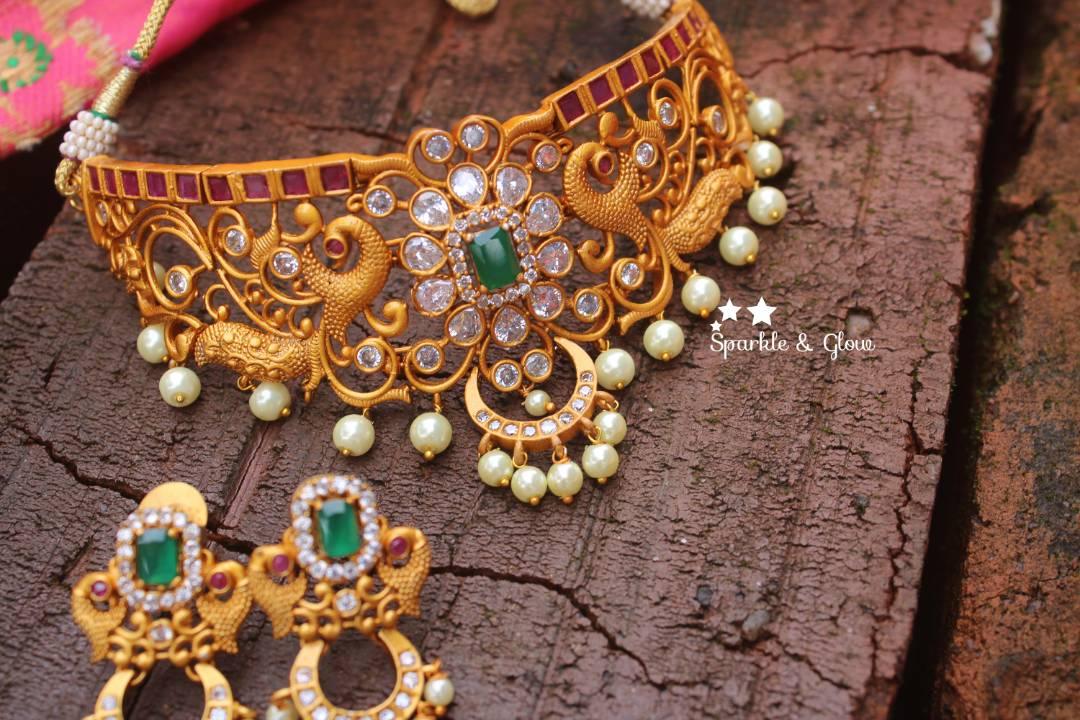 Peacock style premium quality matte choker with CZ stones - Sparkle and Glow