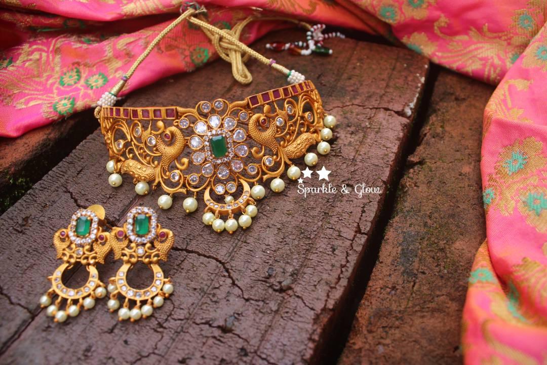 Peacock style premium quality matte choker with CZ stones - Sparkle and Glow