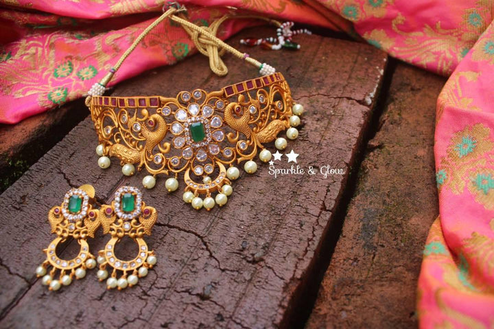 Peacock style premium quality matte choker with CZ stones - Sparkle and Glow